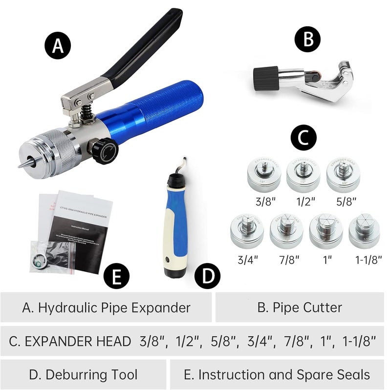 iGeelee Copper Tube Expander Hydraulic Tube Swaging & Expanding Tool Kit Range 3/8" to 11/8" with 7 Heads Kit_iGeelee (IG-300A) - Image 2